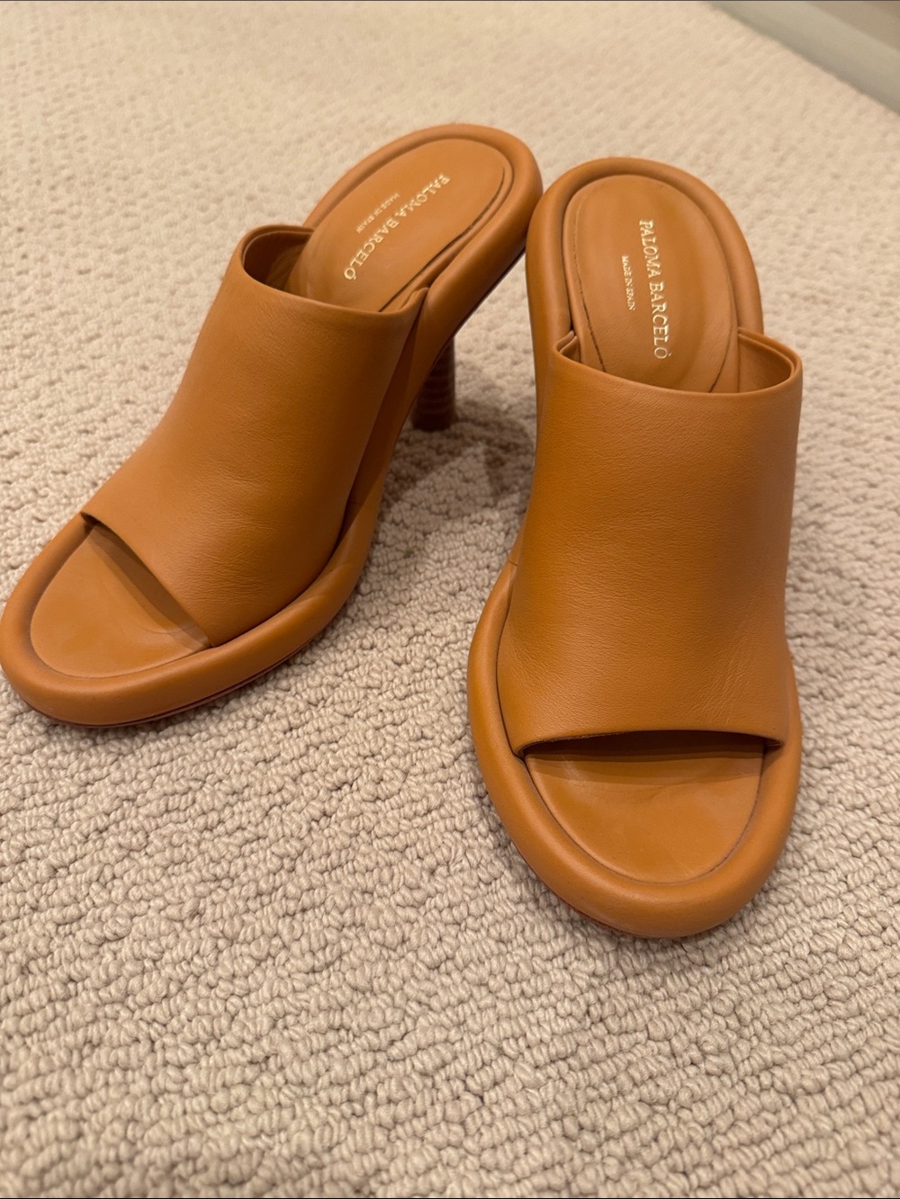 Paloma Barcelo Cognac Leather Open-Toe Mule Heels